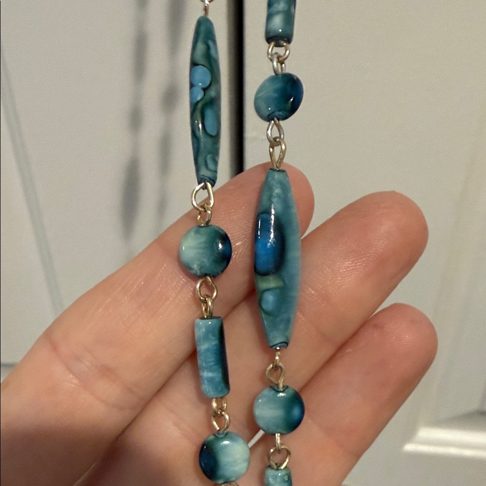 Blue Beaded with gold accents long Necklace